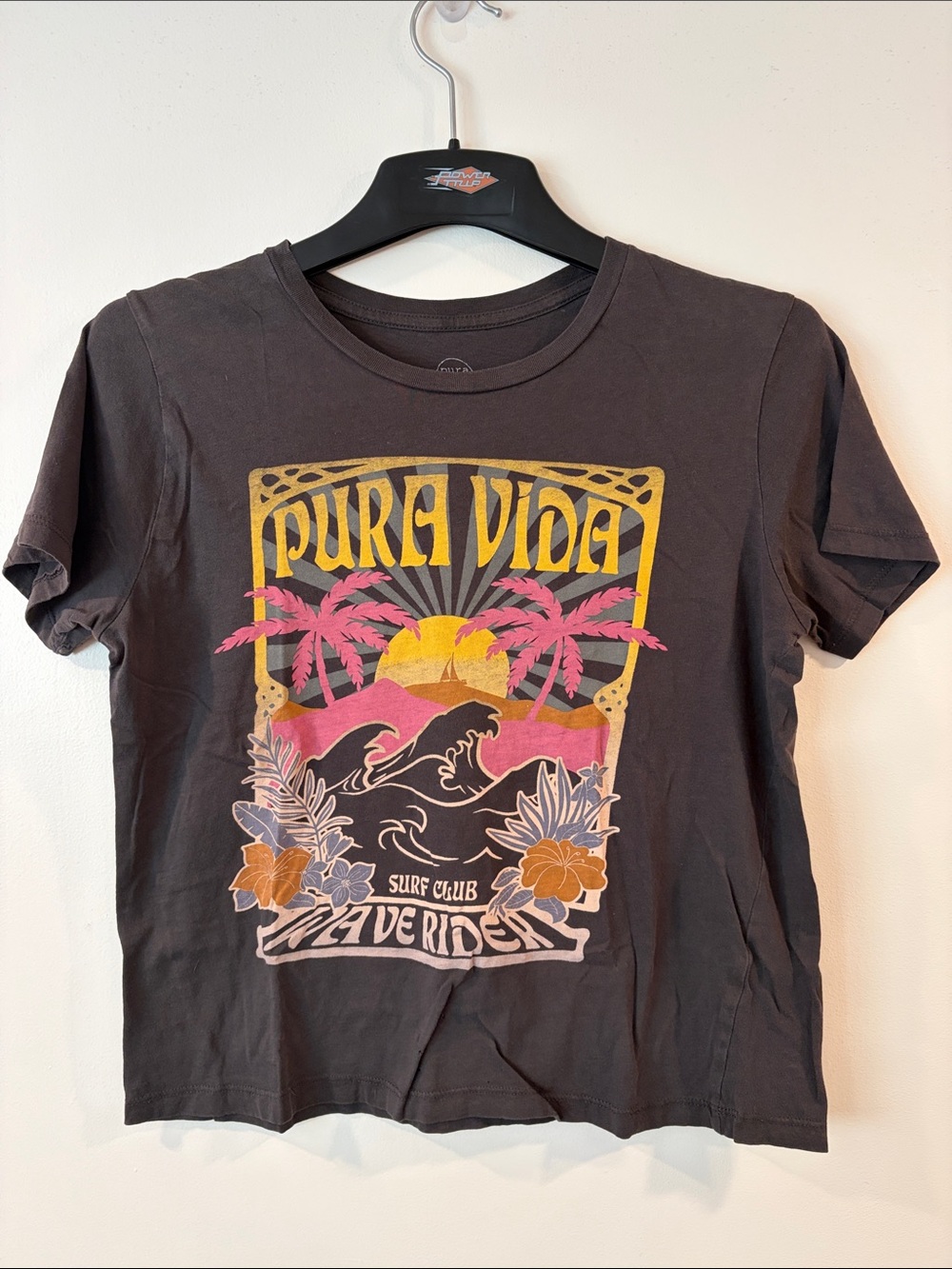 Pura Vida Black Tee with Pink, Yellow & Orange Surf Graphic